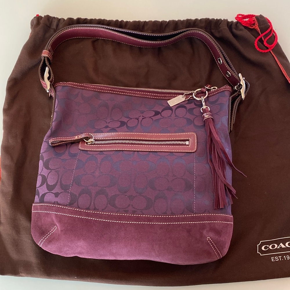 Vintage Coach June 2004 Purple Signature Crossbody Suede Hobo